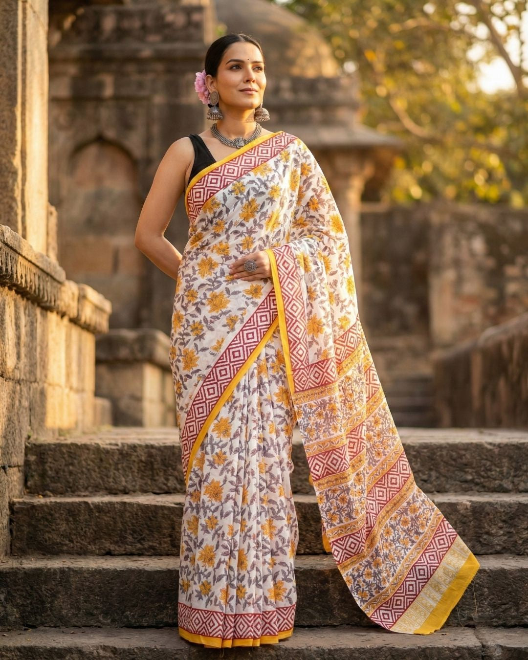 Sunehri Phool Handblock Saree