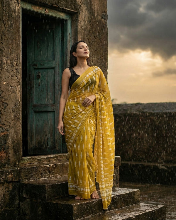 Genda Gul Handblock Mustard Saree