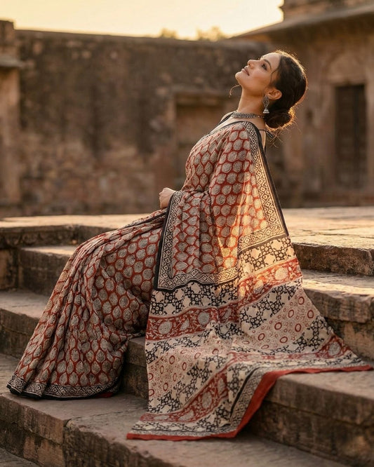 Taramati Ajrakh Kalaamkari Saree