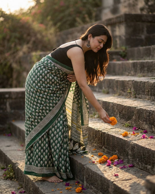 Meghdoot Emerald Handblock Saree