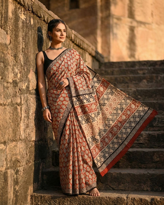 Taramati Ajrakh Kalaamkari Saree