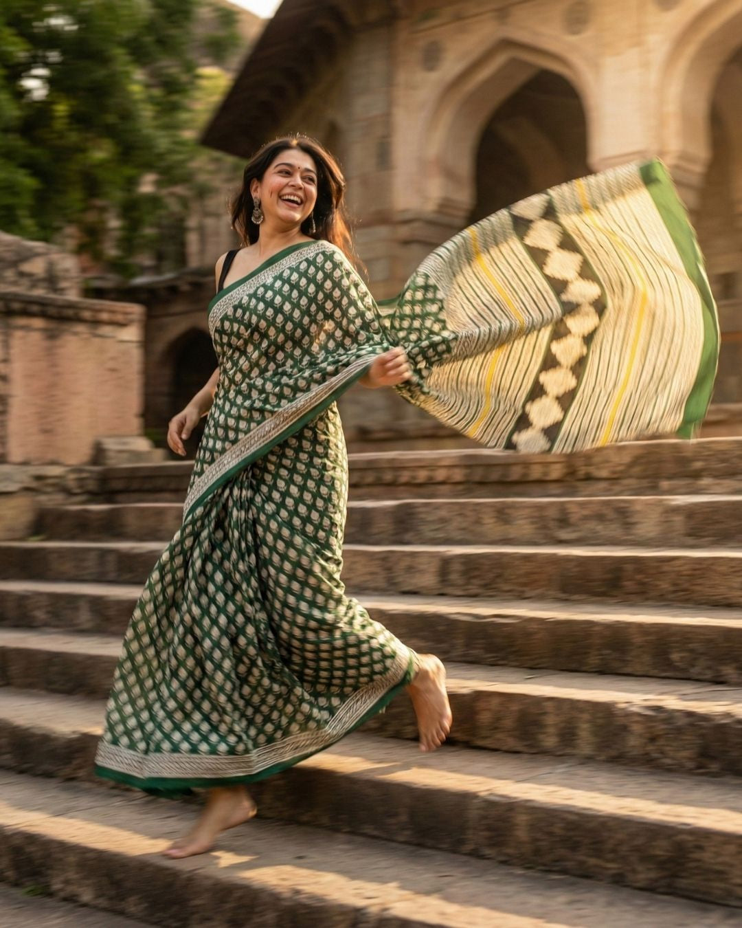 Meghdoot Emerald Handblock Saree