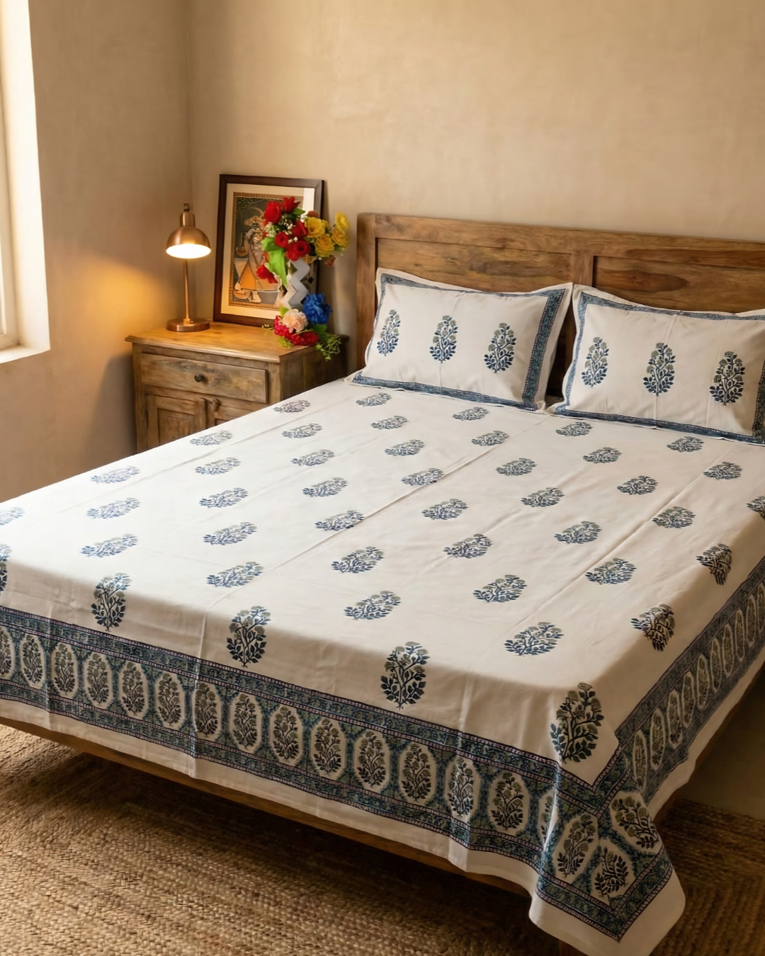 Blue Mughal Floral Block Print Bedsheet Set