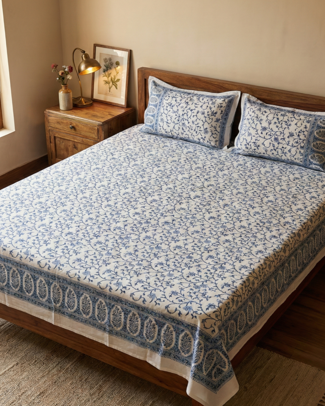 Blue Vine Jaipuri Block Print Bedsheet Set