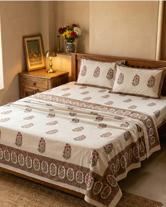 Cream & Maroon Mughal Boota Bedsheet Set