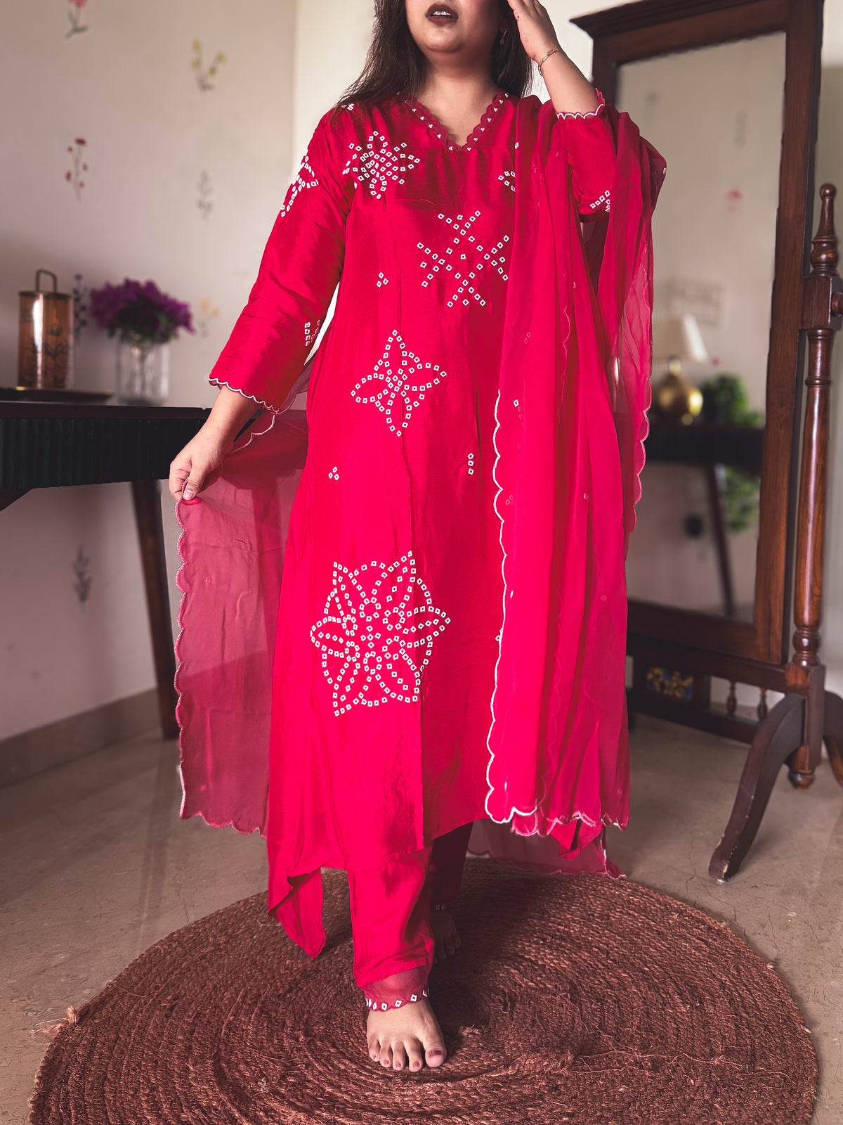 Nisha Ruby Pink Pearl-Embroidered Kurta Set
