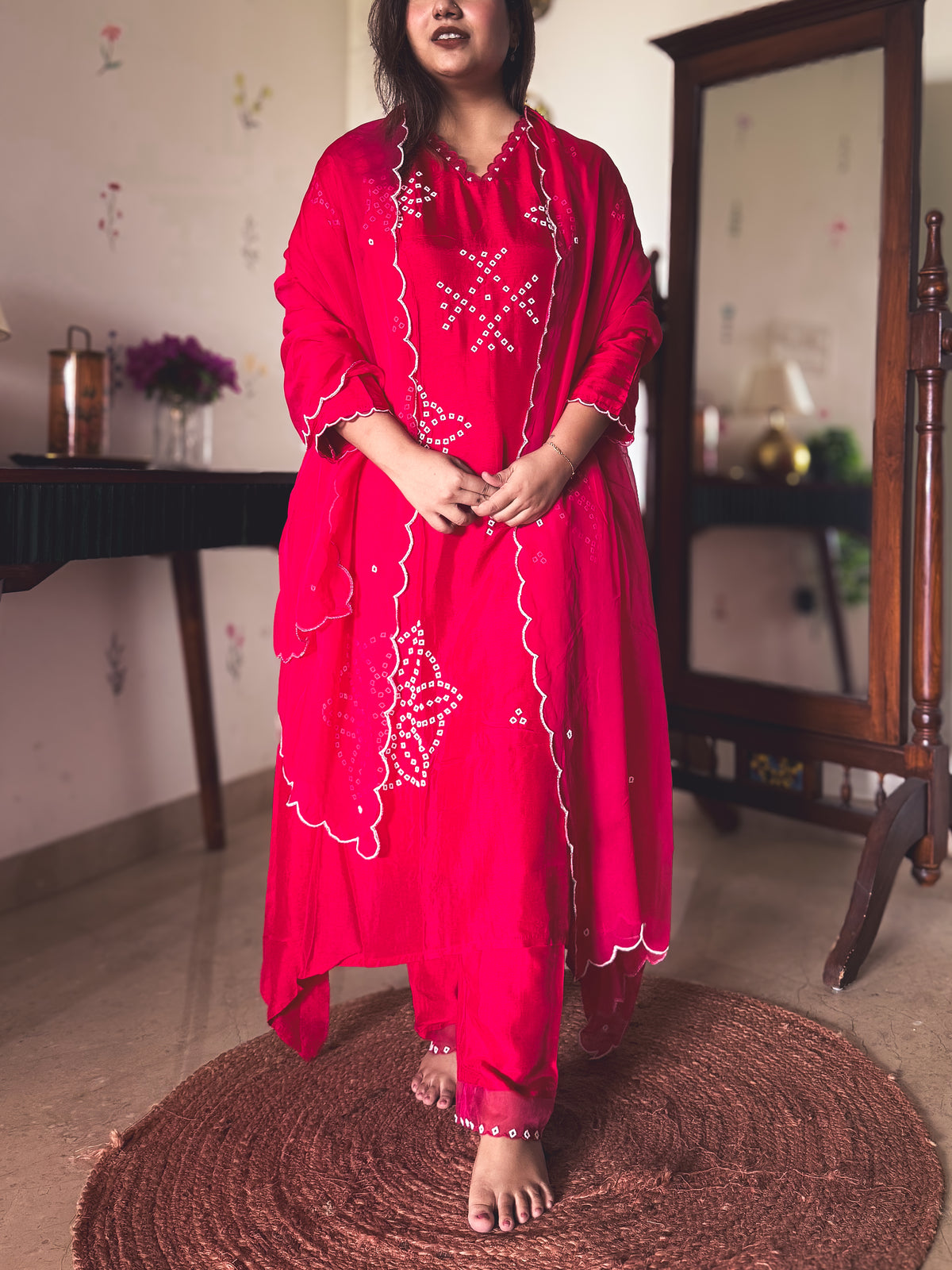 Nisha Ruby Pink Pearl-Embroidered Kurta Set