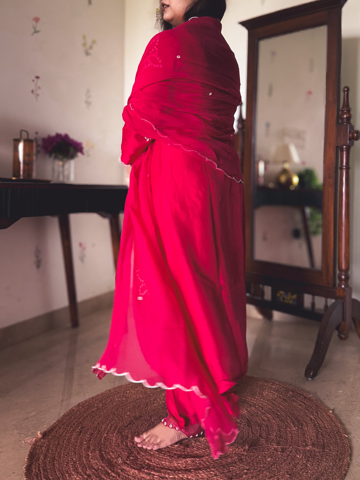 Nisha Ruby Pink Pearl-Embroidered Kurta Set