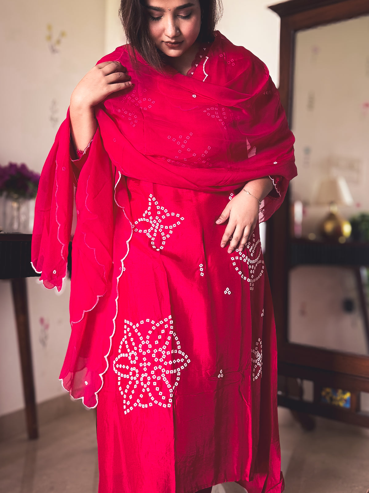 Nisha Ruby Pink Pearl-Embroidered Kurta Set