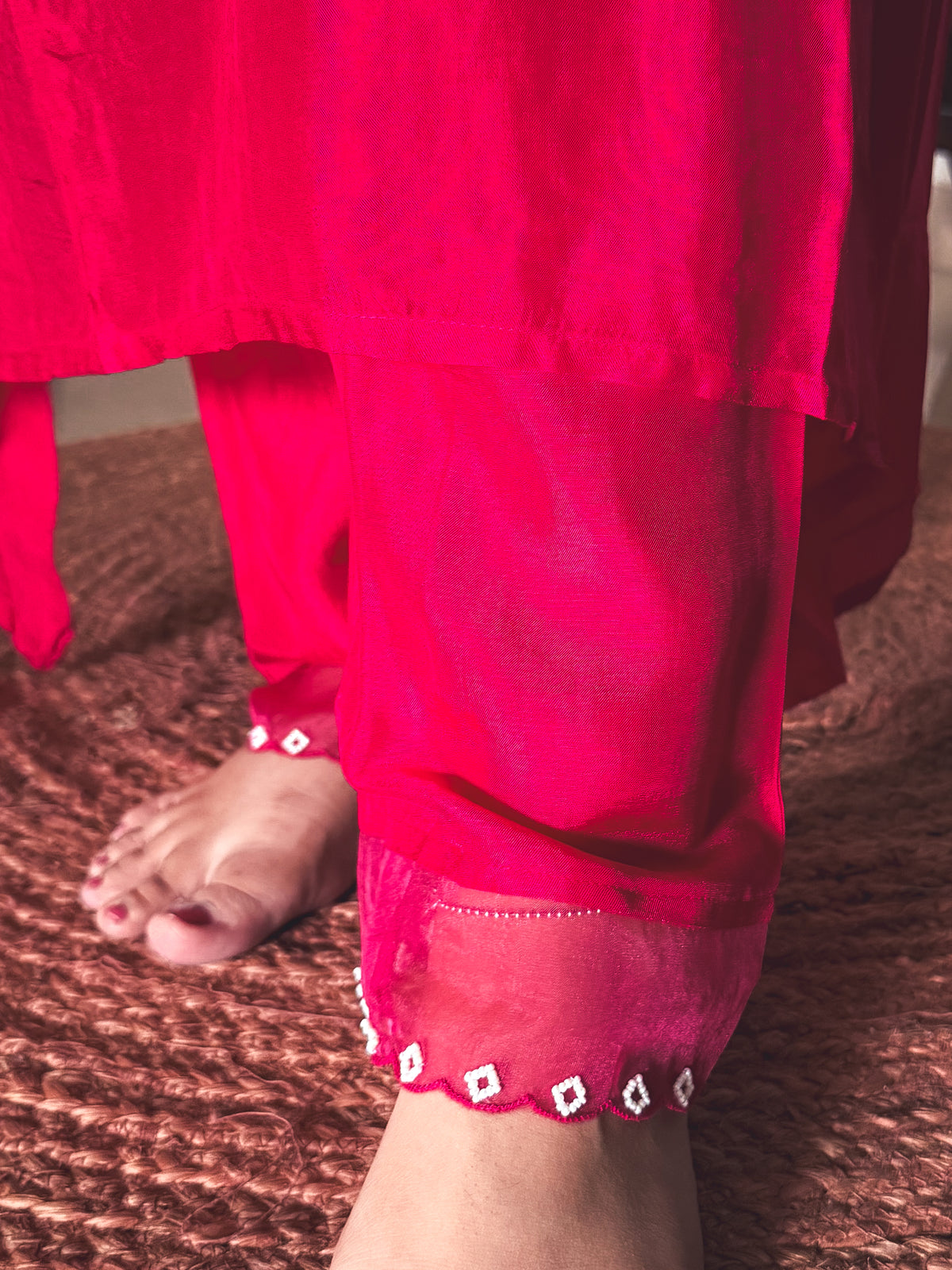 Nisha Ruby Pink Pearl-Embroidered Kurta Set