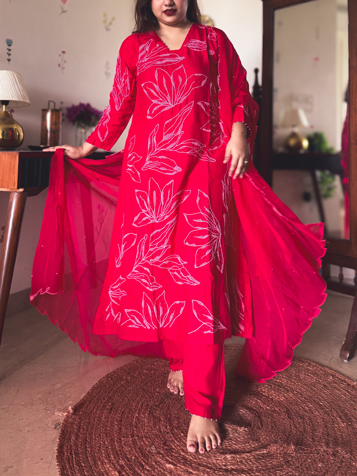 Anjali Red Hand-Embroidered Kurta Set