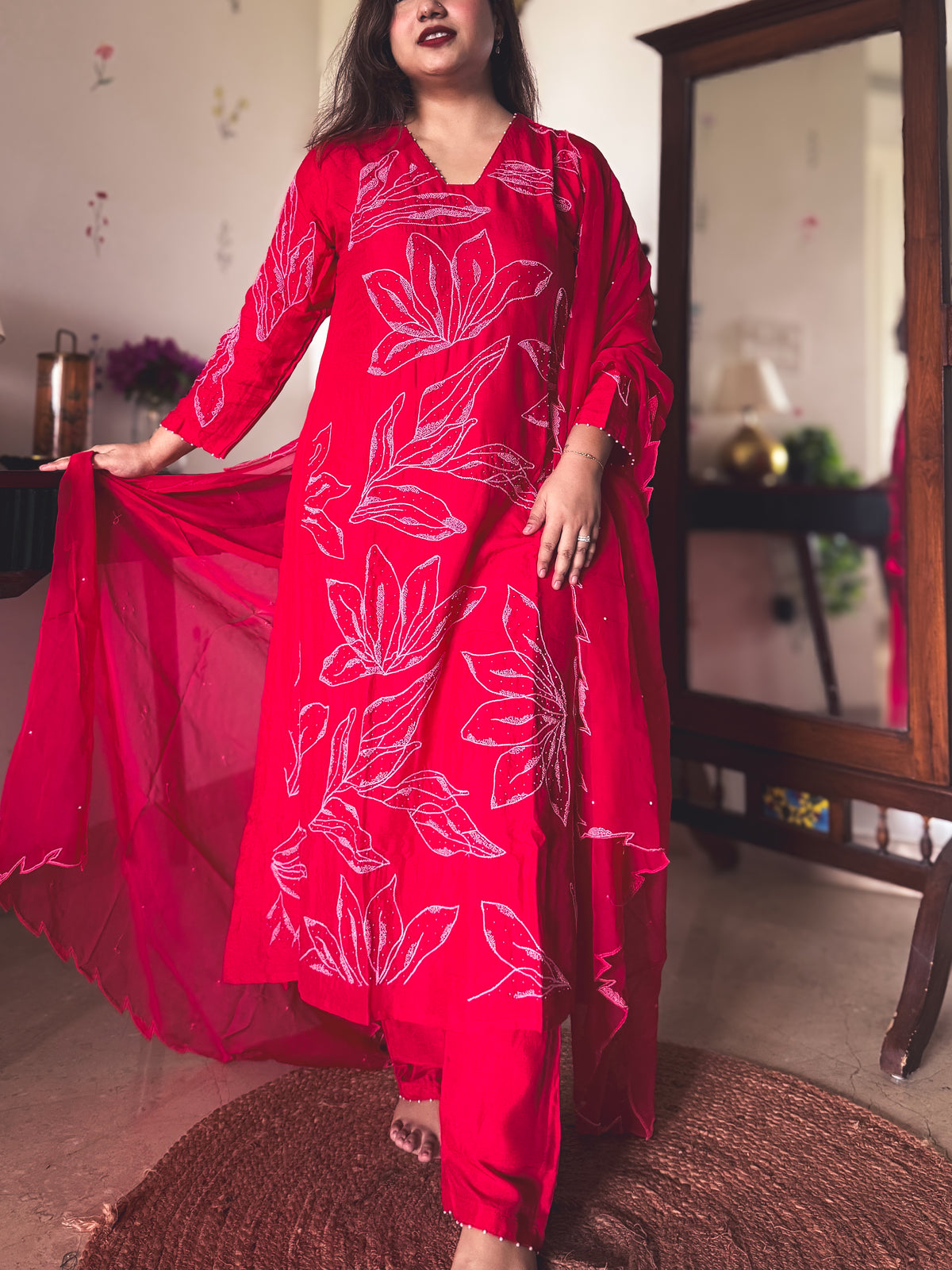 Anjali Red Hand-Embroidered Kurta Set
