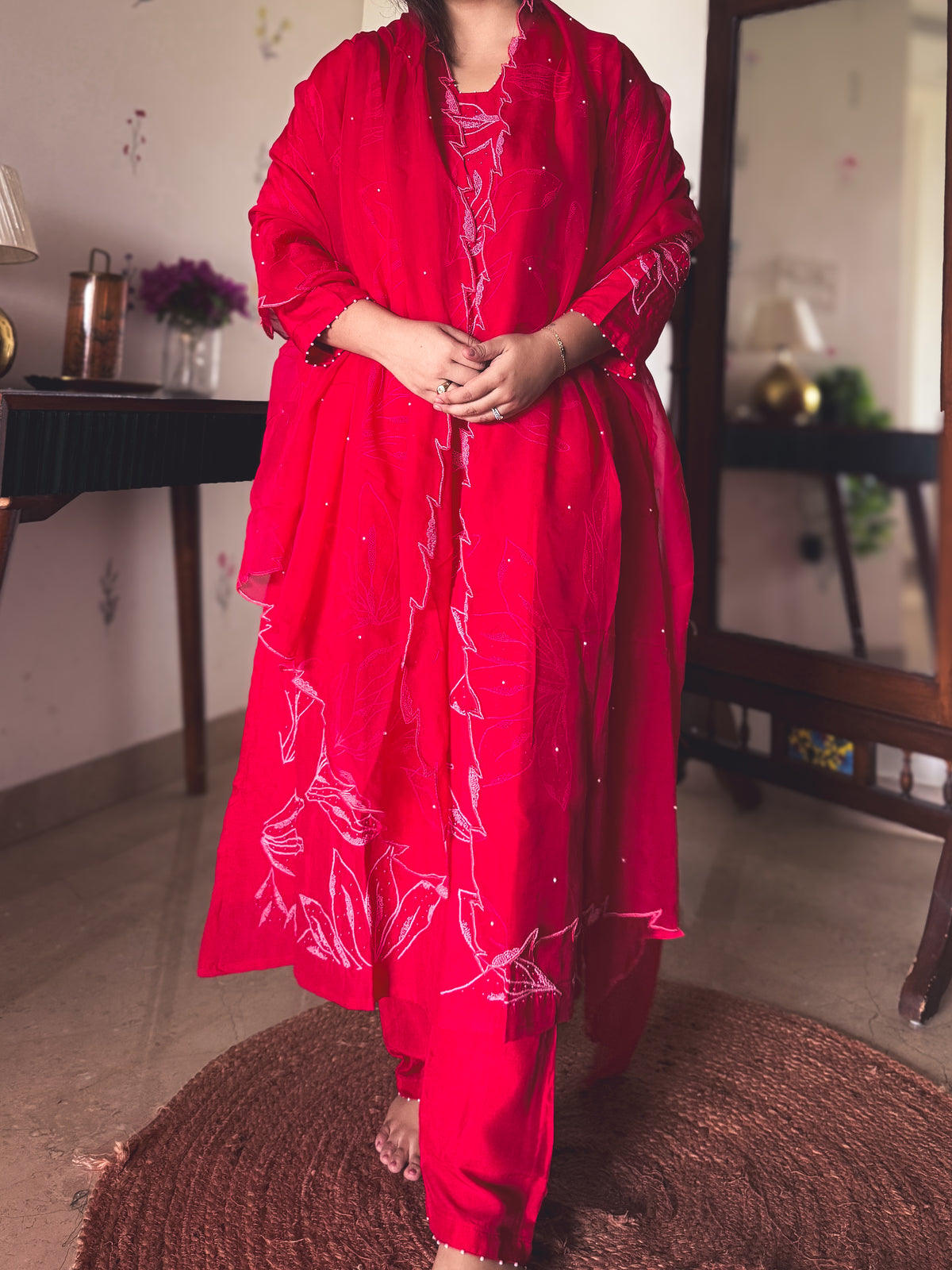 Anjali Red Hand-Embroidered Kurta Set