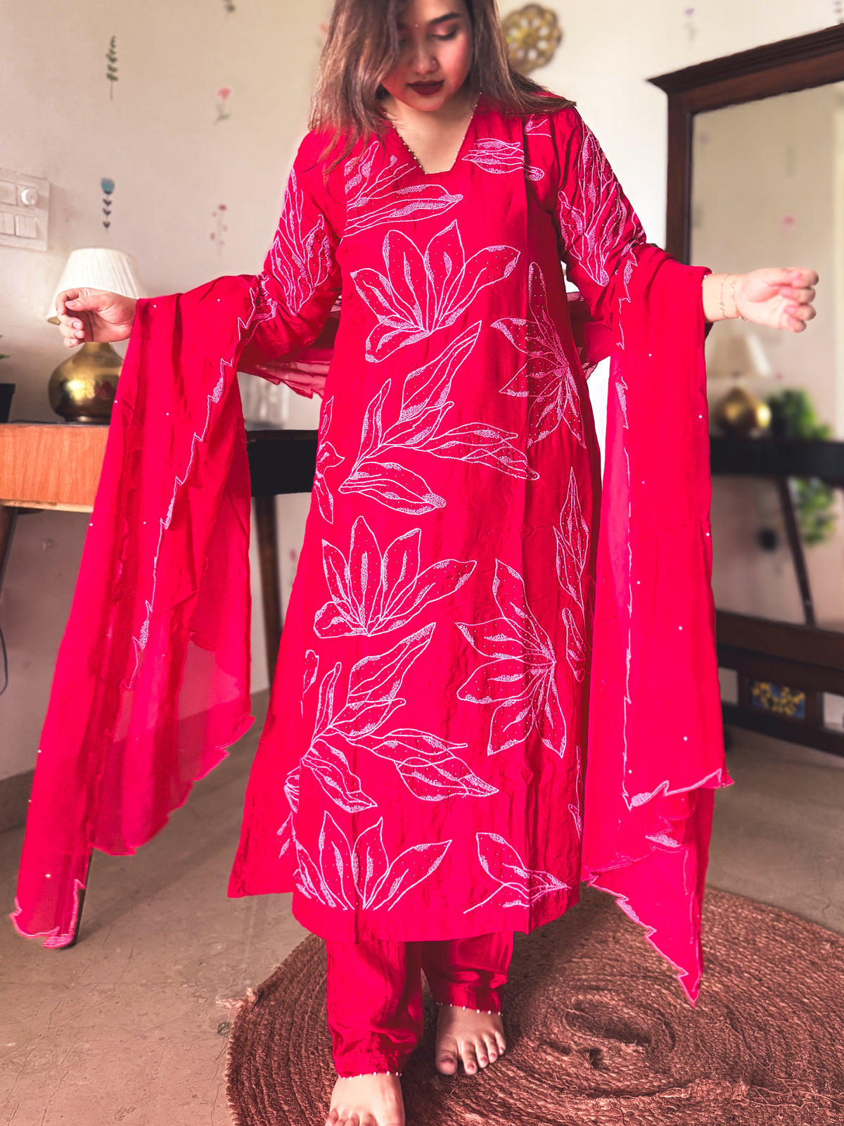 Anjali Red Hand-Embroidered Kurta Set