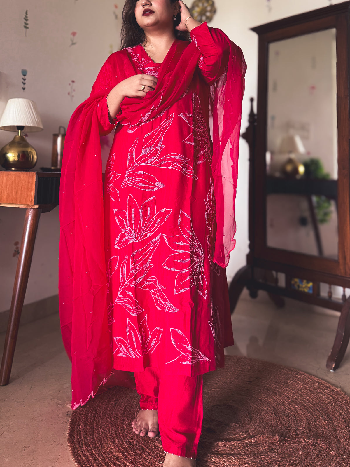 Anjali Red Hand-Embroidered Kurta Set