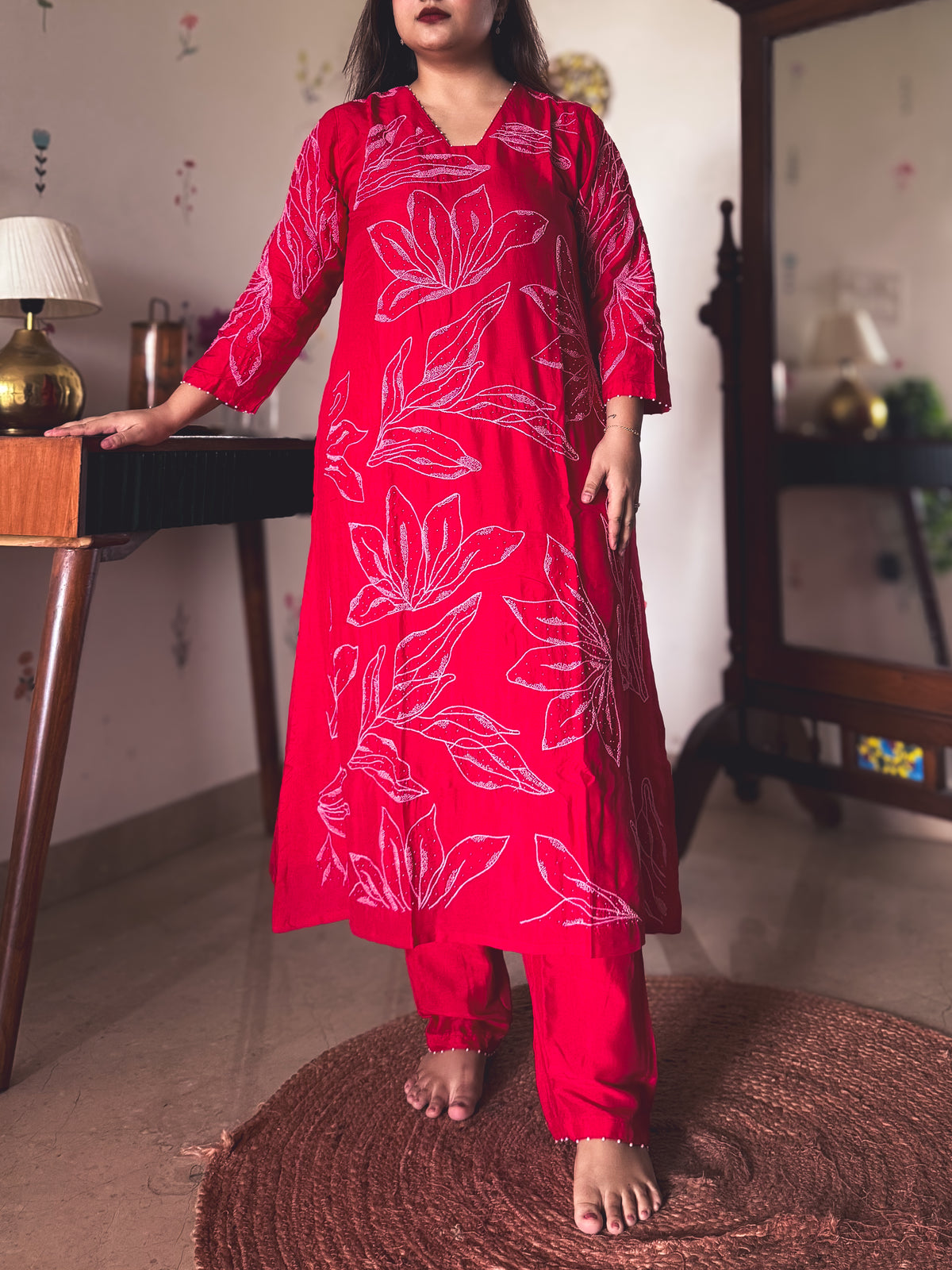 Anjali Red Hand-Embroidered Kurta Set