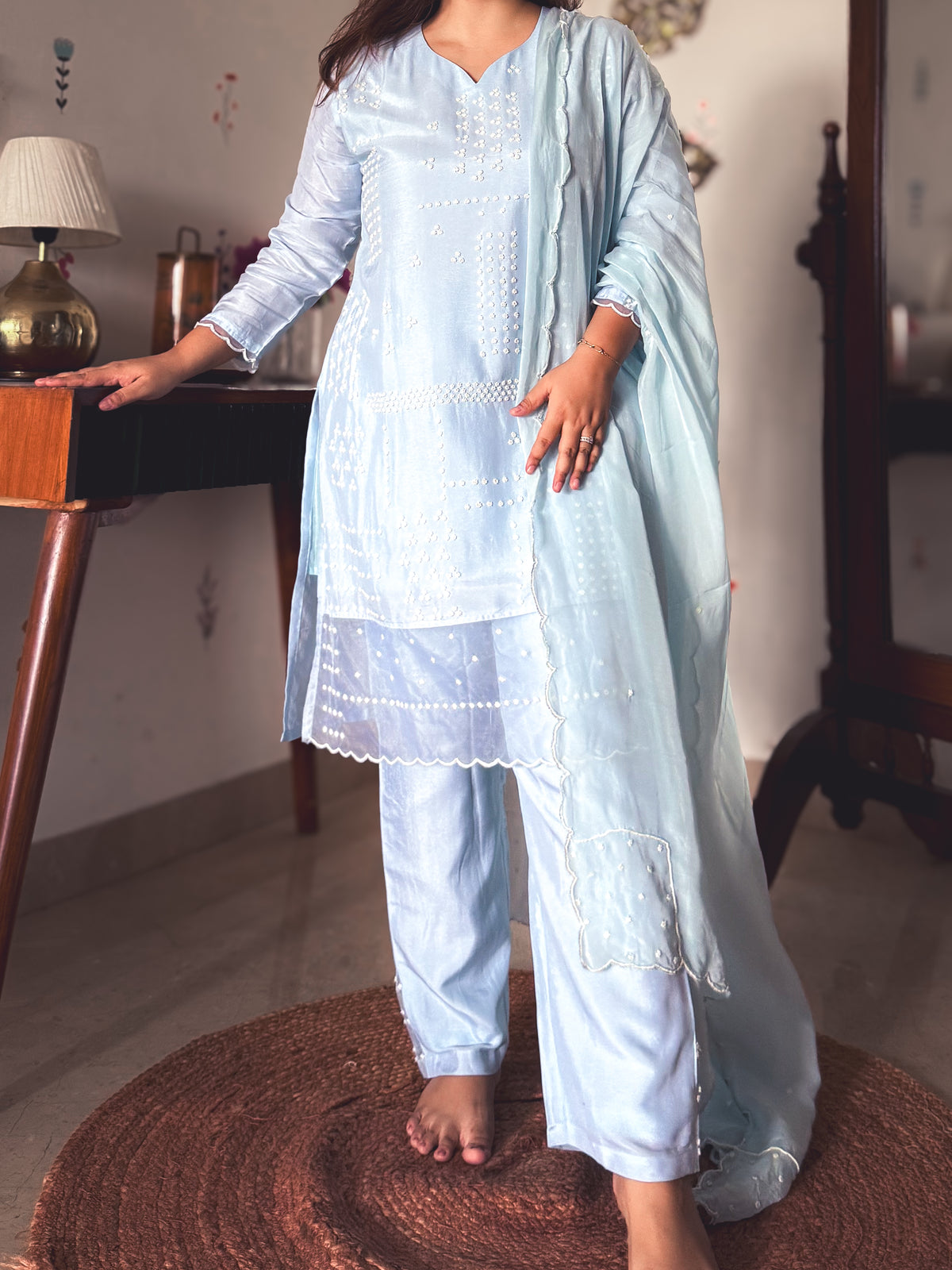 Tina Ice Blue Pearl-Embroidered Kurta Set