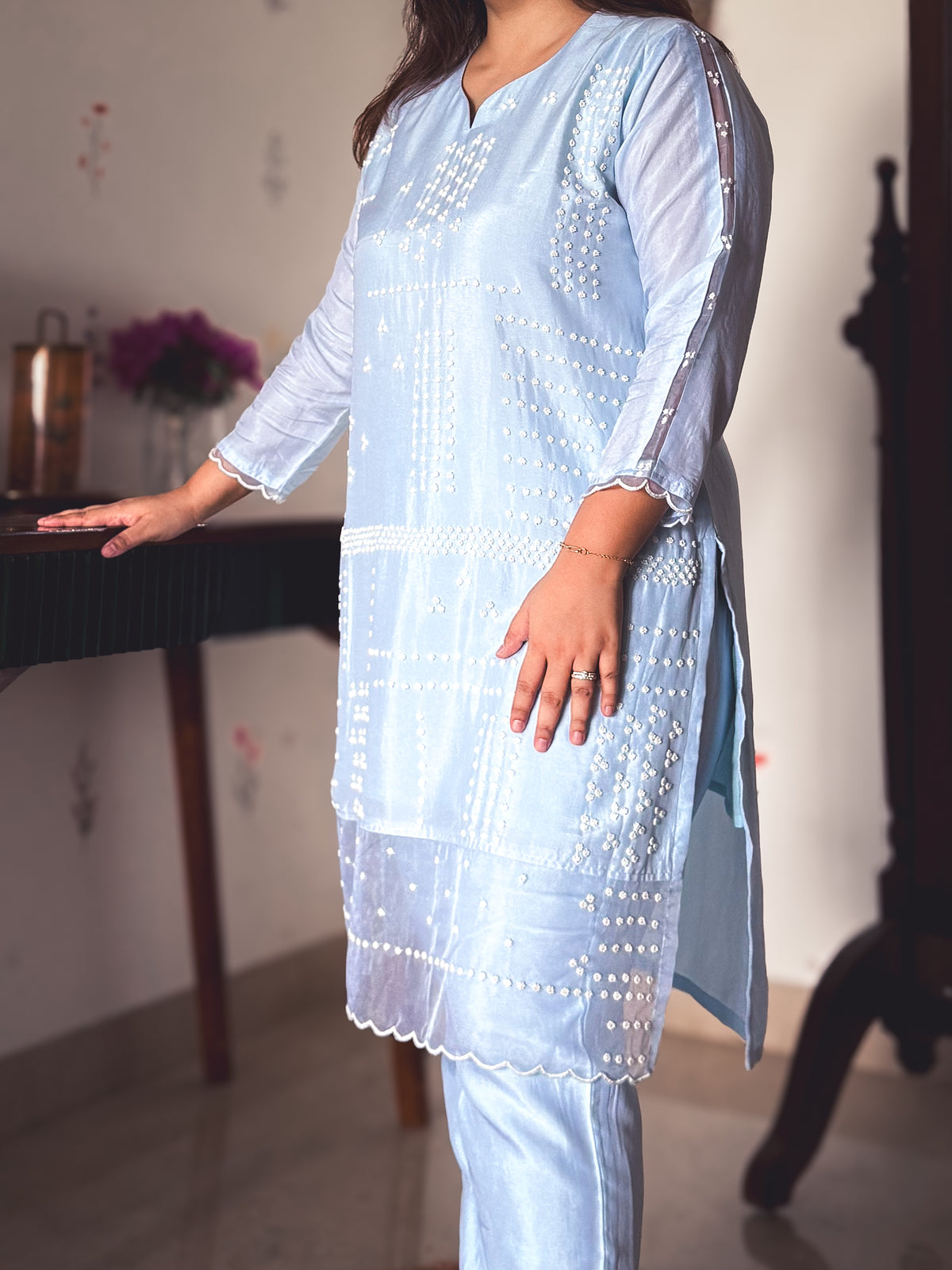 Tina Ice Blue Pearl-Embroidered Kurta Set