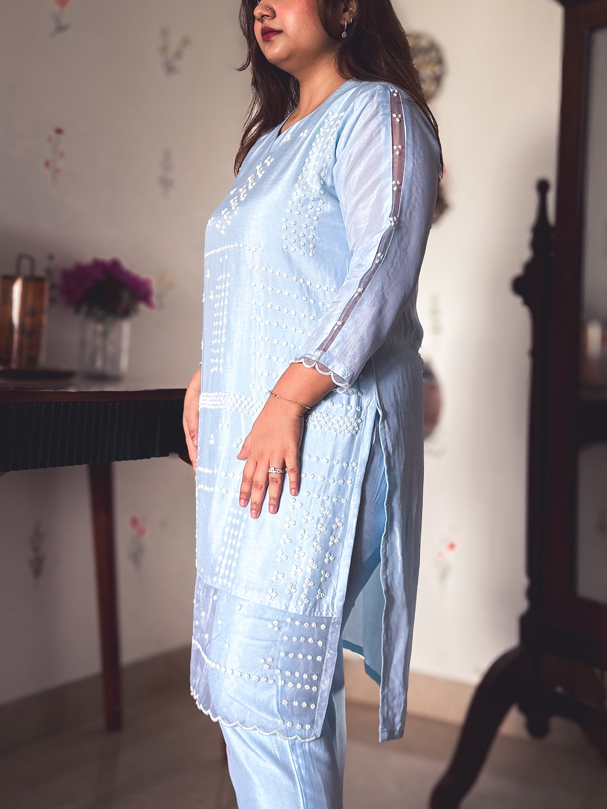 Tina Ice Blue Pearl-Embroidered Kurta Set