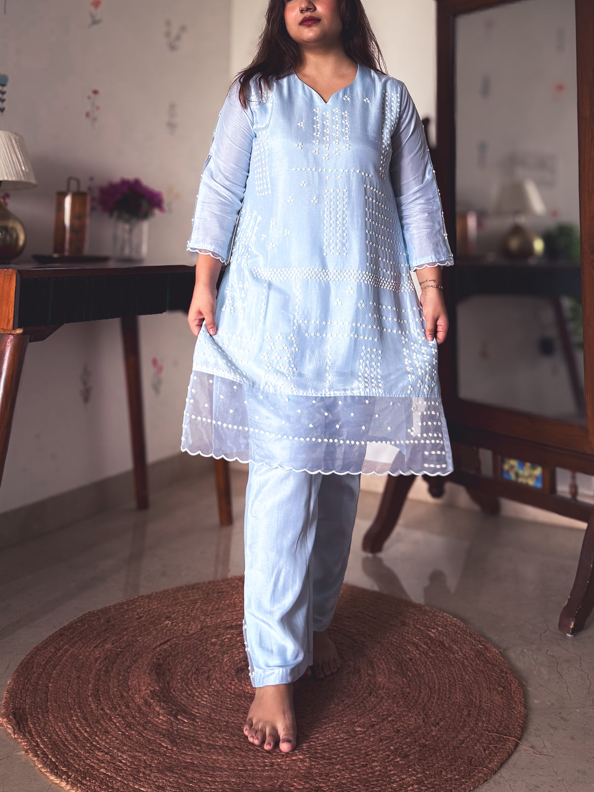 Tina Ice Blue Pearl-Embroidered Kurta Set