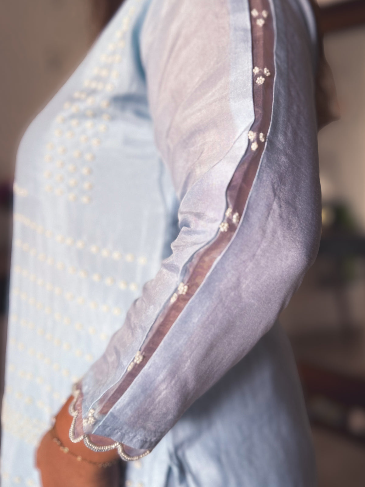 Tina Ice Blue Pearl-Embroidered Kurta Set