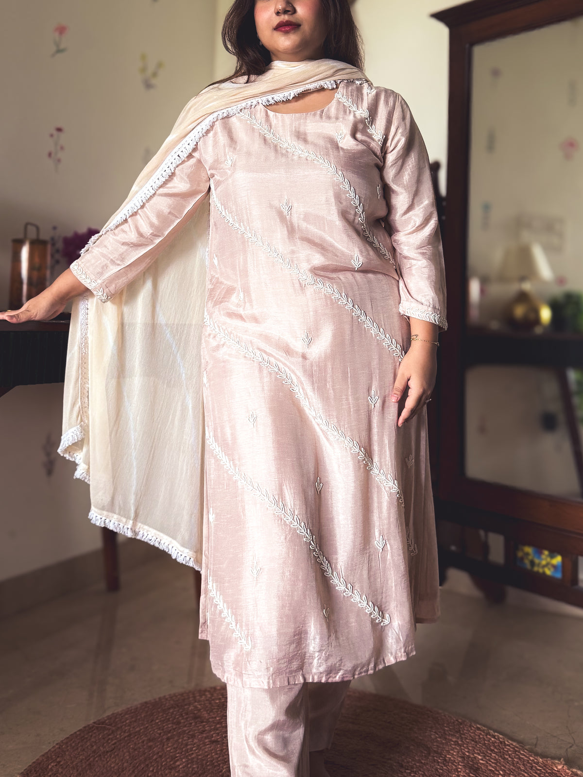 Meera Blush Beige Thread-Embroidered Kurta Set
