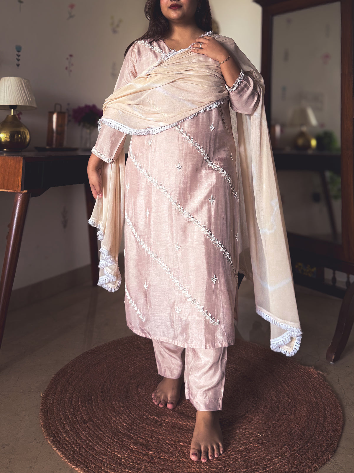 Meera Blush Beige Thread-Embroidered Kurta Set