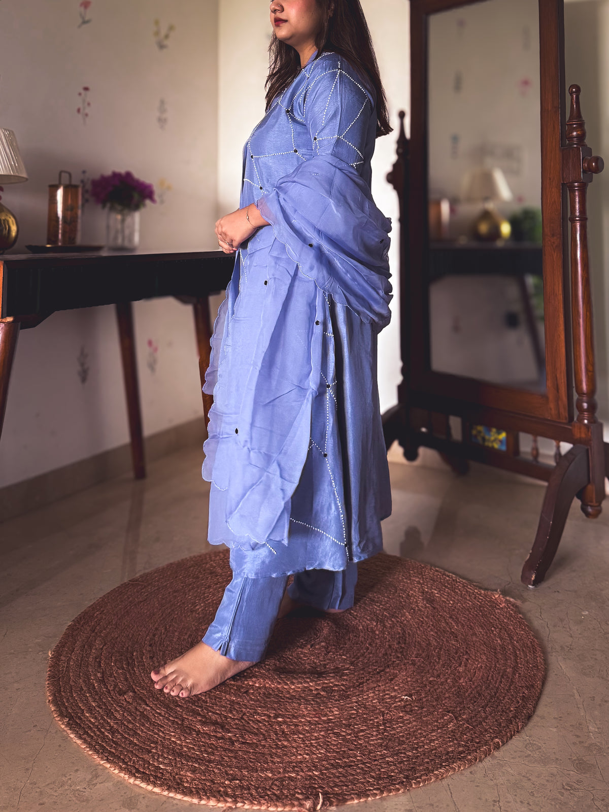 Piku Periwinkle Pearl-Embroidered Kurta Set