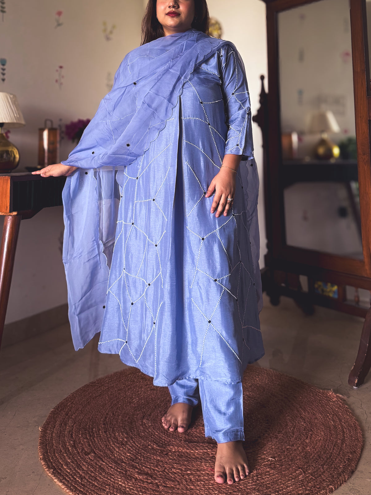 Piku Periwinkle Pearl-Embroidered Kurta Set