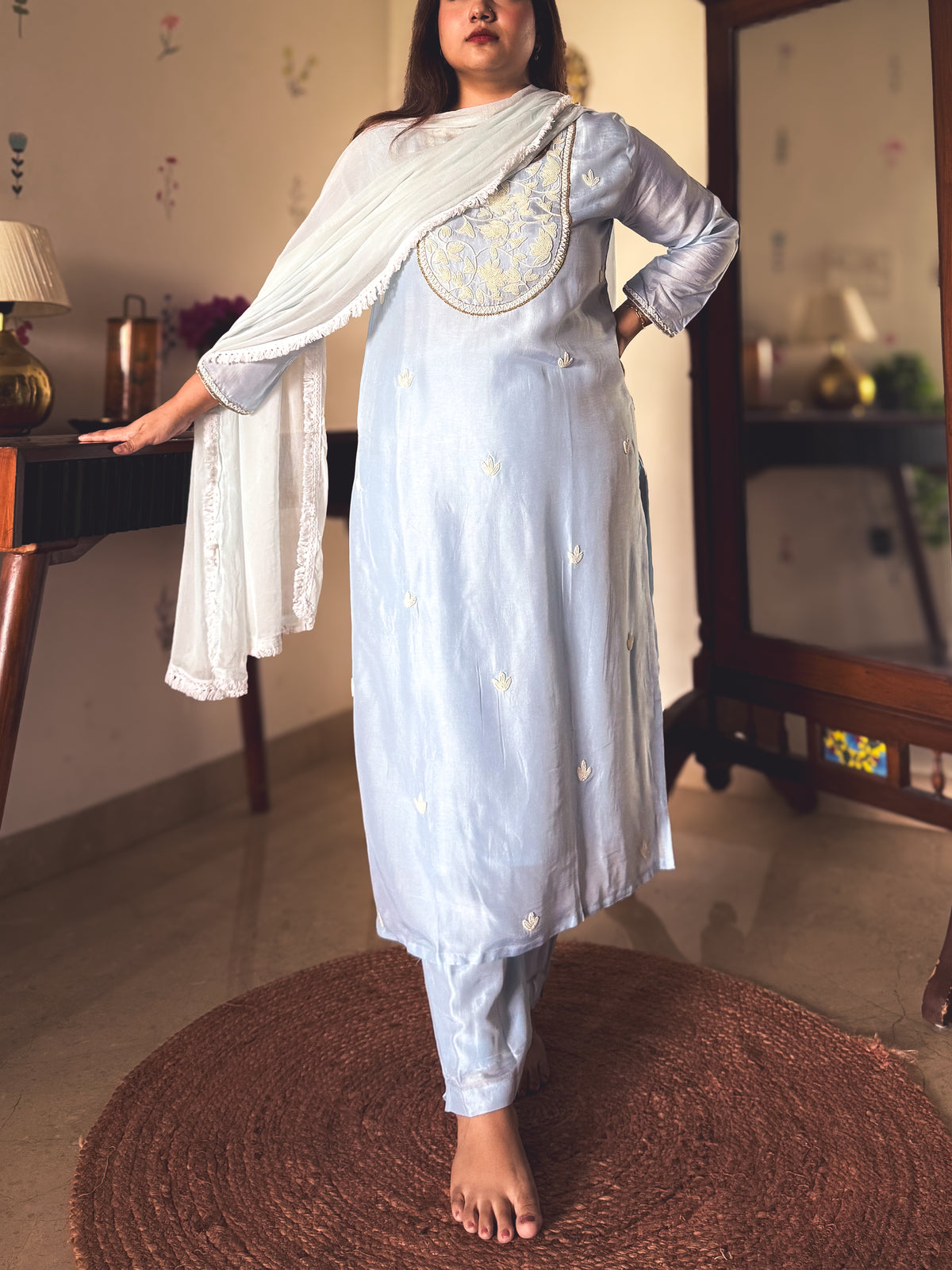 Chandni Powder Blue Hand-Embroidered Kurta Set