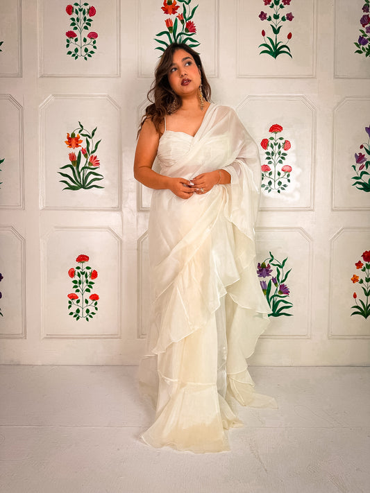 White Fooljhadi Sari Set