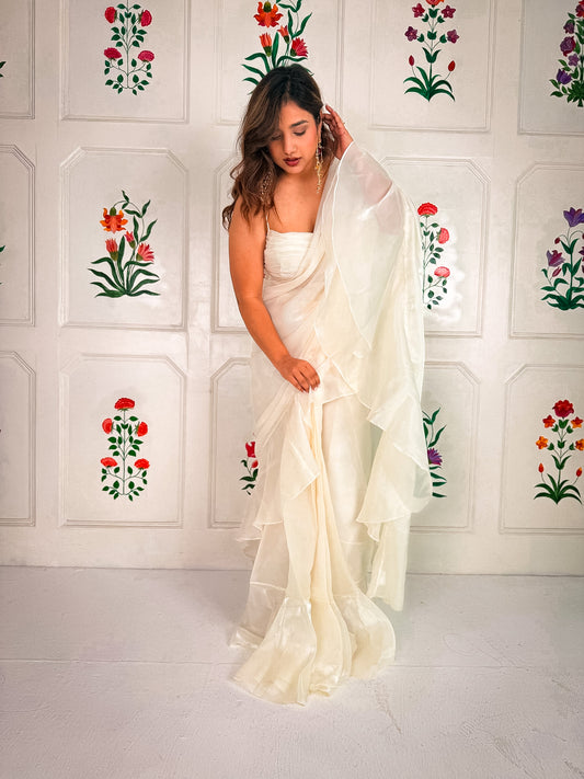 White Fooljhadi Sari Set