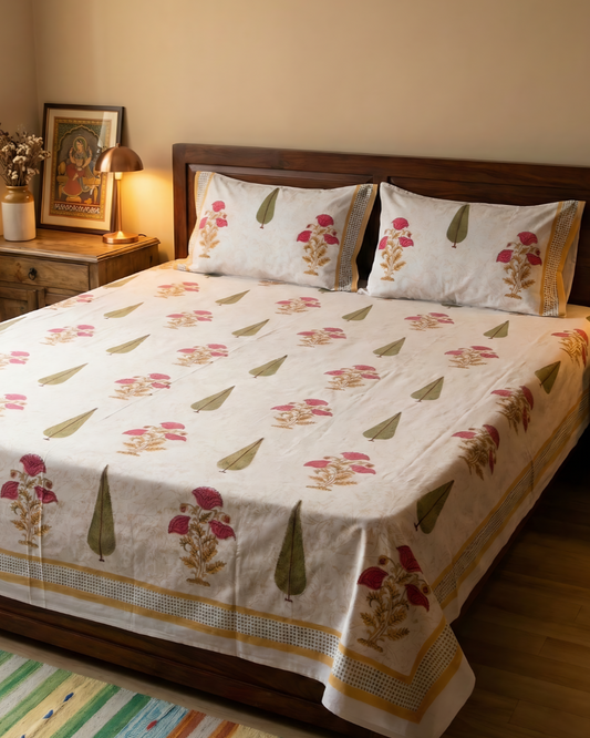 Ivory Floral Boota Handblock Bedsheet Set