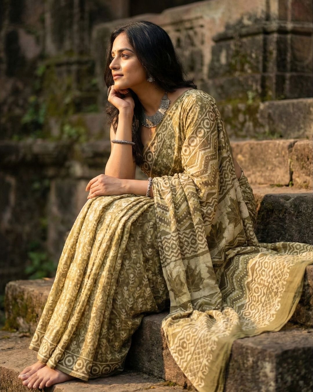 Olive Noor Handblock Saree