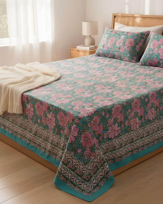 Pastel Aqua Cotton Handblock Bedsheet
