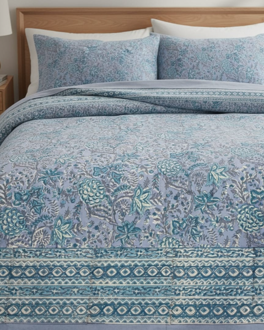 Powder Blue Floral Jaipuri Bedsheet Set