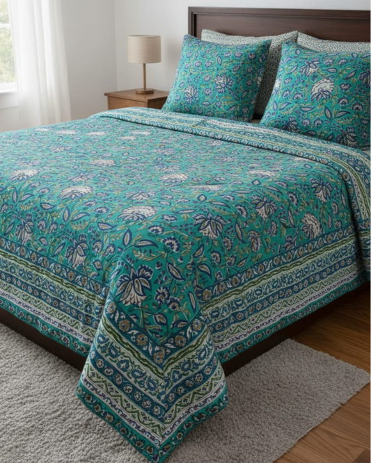 Teal & Blue Botanical Handblock Bedsheet Set
