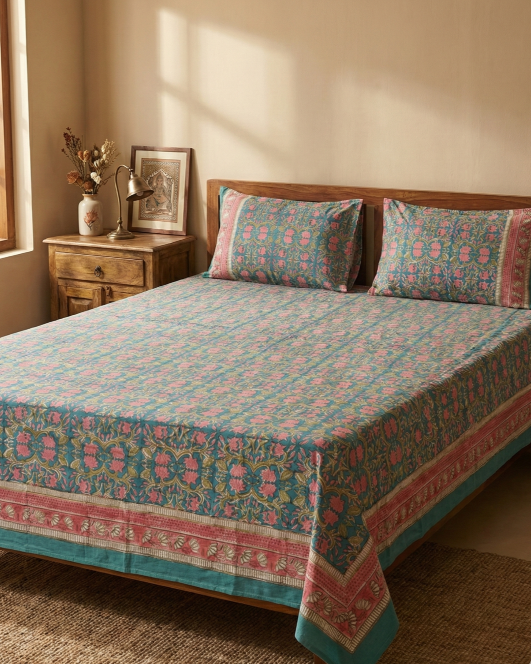 Teal & Pink Floral Handblock Bedsheet Set