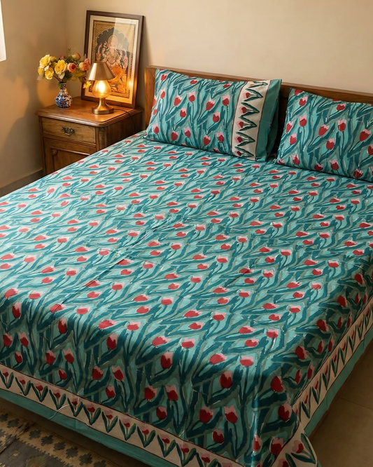 Teal Tulip Block Print Cotton Bedsheet Set