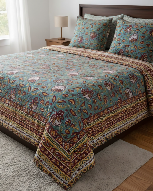 Teal Vintage Floral Block Print Bedsheet Set