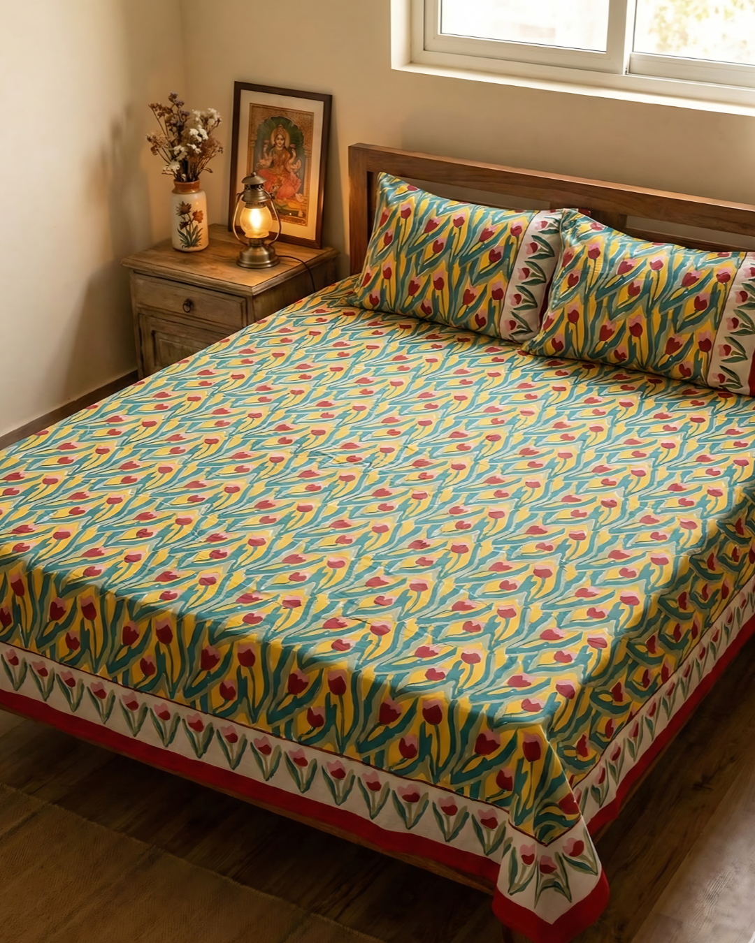Tulip Garden Yellow Handblock Bedsheet Set