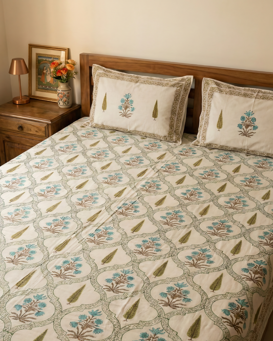 Turquoise Mughal Boota Handblock Bedsheet Set