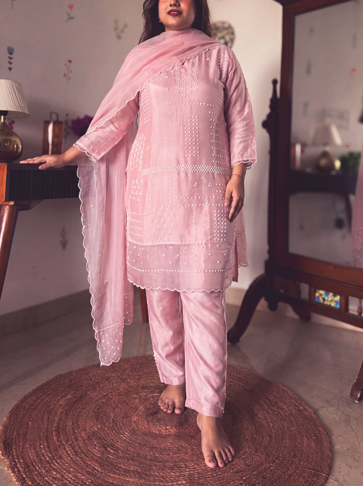 Tina Dusty Rose Pearl-Embroidered Kurta Set