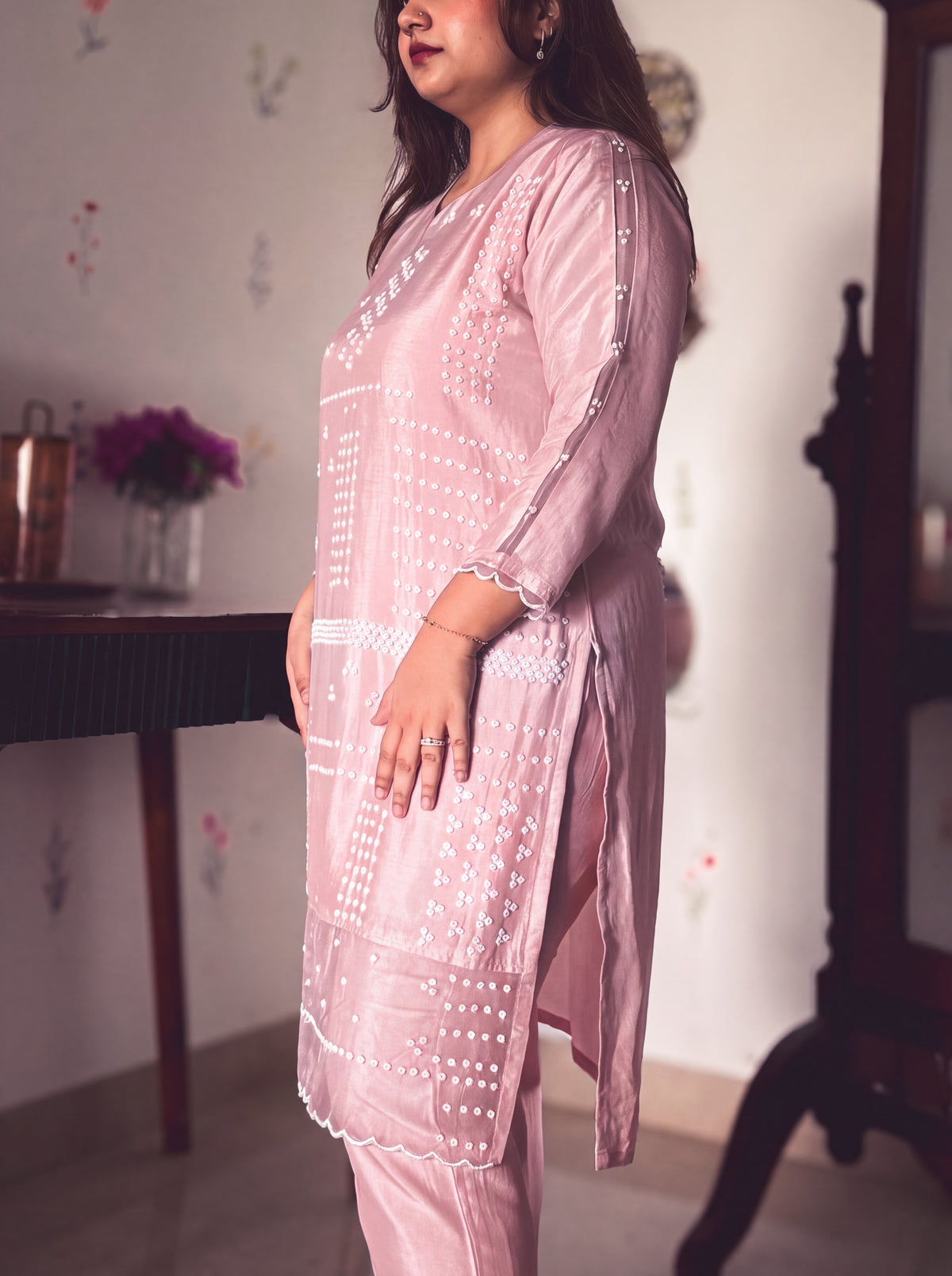 Tina Dusty Rose Pearl-Embroidered Kurta Set