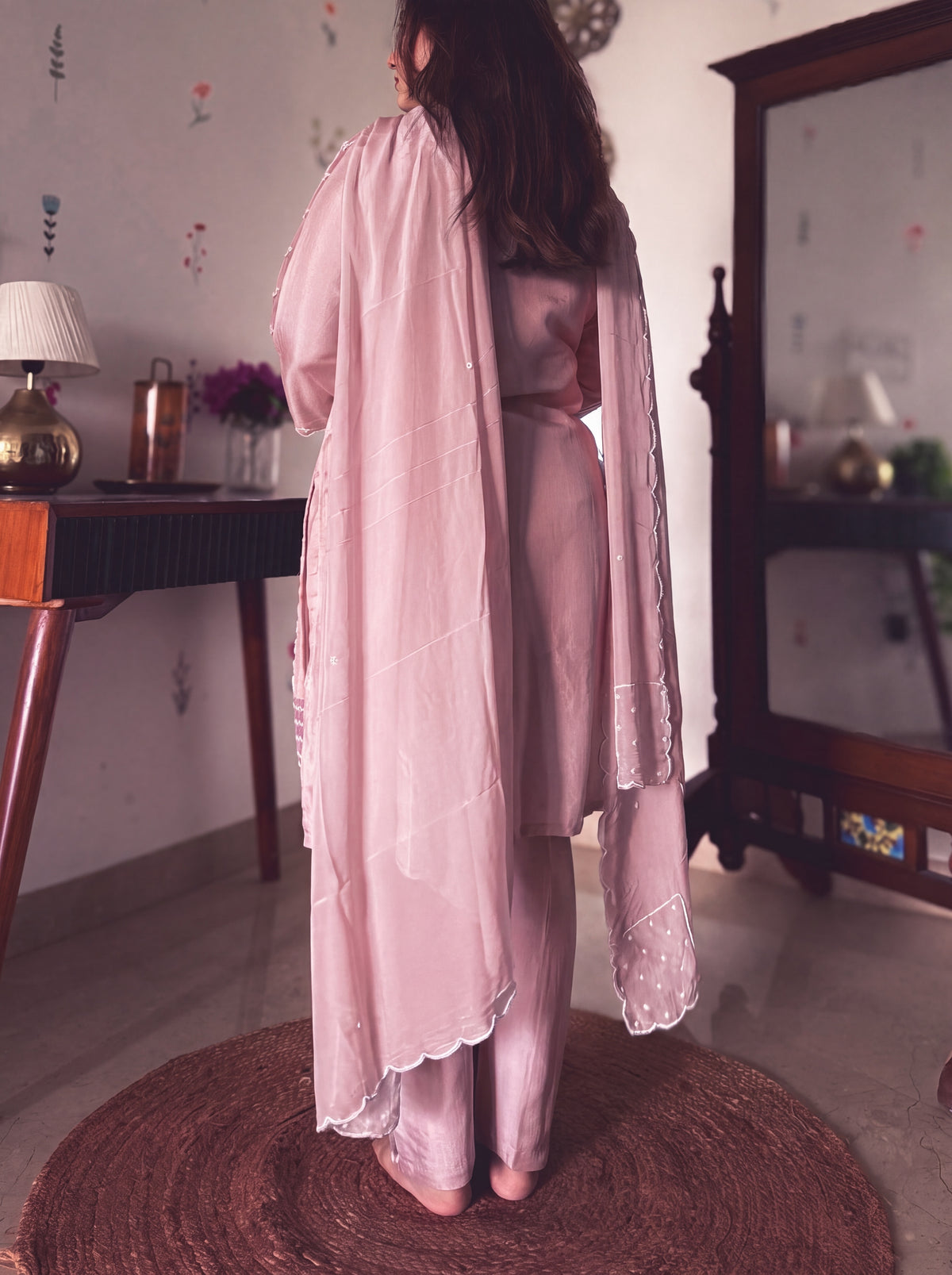 Tina Dusty Rose Pearl-Embroidered Kurta Set