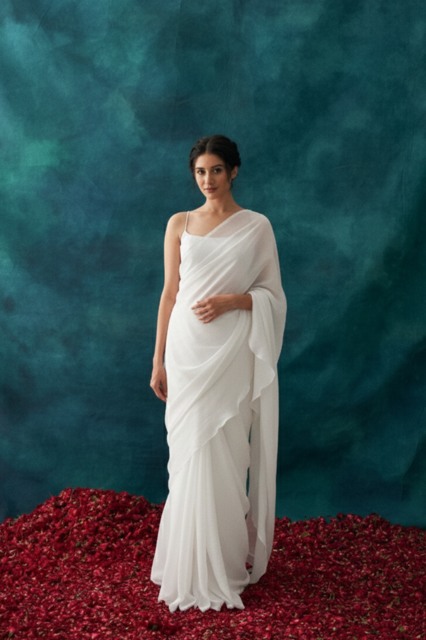 White Fooljhadi Sari Set