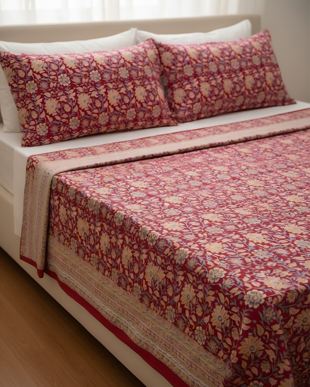 Maroon & Beige Mughal Floral Bedsheet Set