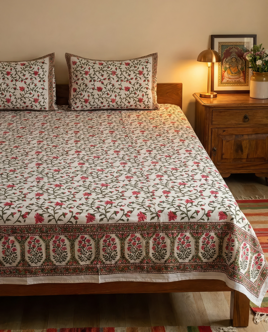 Red Floral Jaipuri Cotton Bedsheet Set